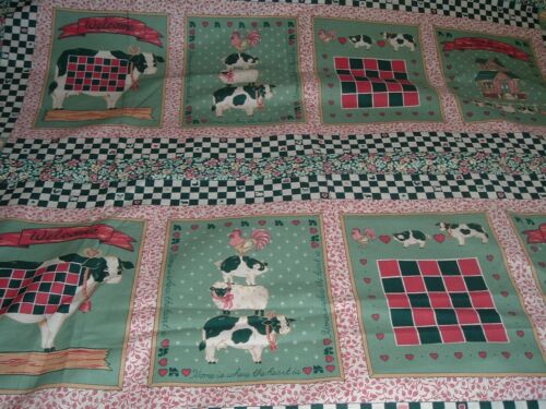 Vtg 80s Country Check Cows Welcome 8 Quilt Block Fabric Panel Wallhanging  #pb