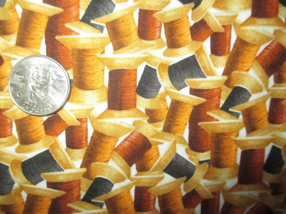 SEWING Vintage BROWN BLACK SPOOLS Of THREAD On WHITE 1970's COTTON Fabric-1 yd