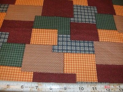 1 Yd Vtg Springs Cheater Quilt Fabric Patches Rectangles Brown Green Gold Plaid