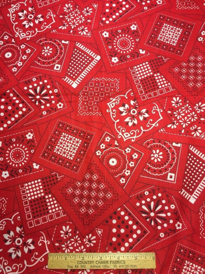 Vintage Cotton Fabric 50s NICE Red Black White Bandana Print 36w 1yd