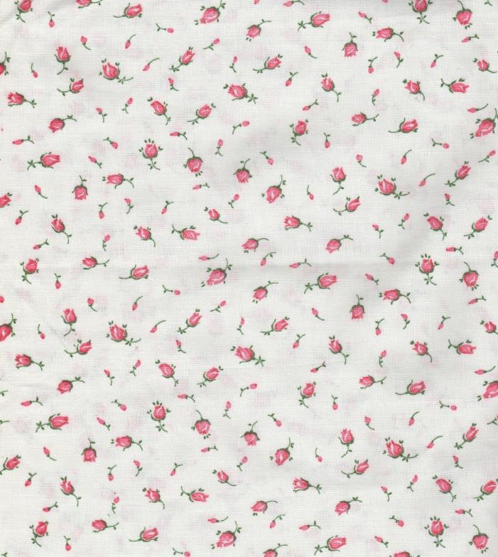 White Cotton Fabric With Pink Rosebuds ~ 3Yds. Length 43