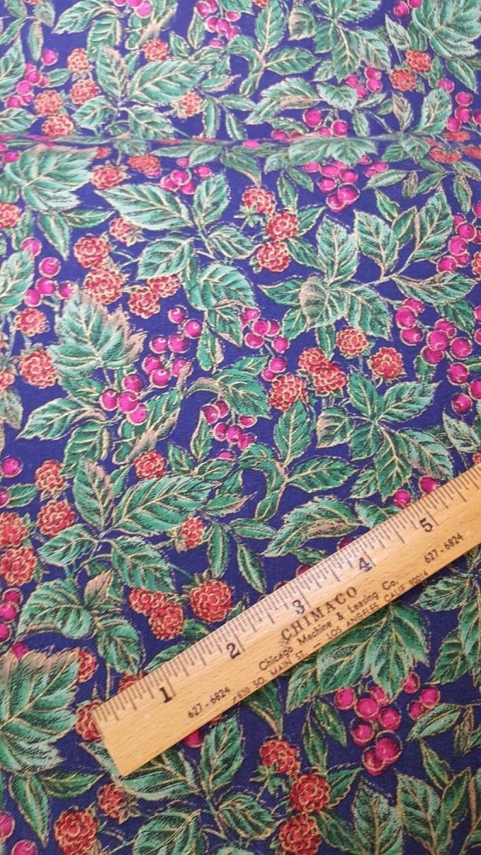 Cotton Fabric Berries Leaves Gold Accent Print Navy Winter Christmas BTY