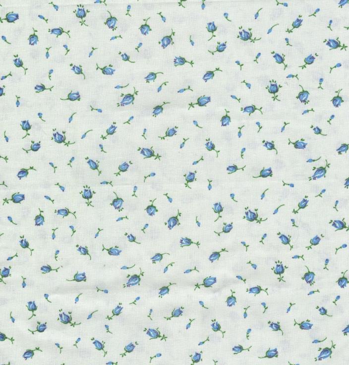 White Cotton Fabric With Blue Rosebuds ~ 2Yds. Length 43