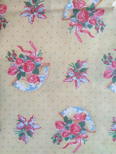 Vintage Yellow Pink Roses Antique Fan Chintz Fabric 2 Yards