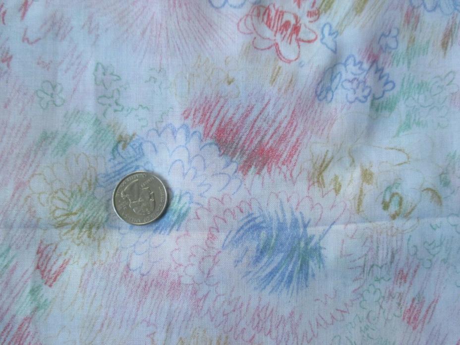 SWEET Vintage  PINK BLUE GREEN FLOWERS On WHITE 1970's Sheer COTTON Fabric-5 yd