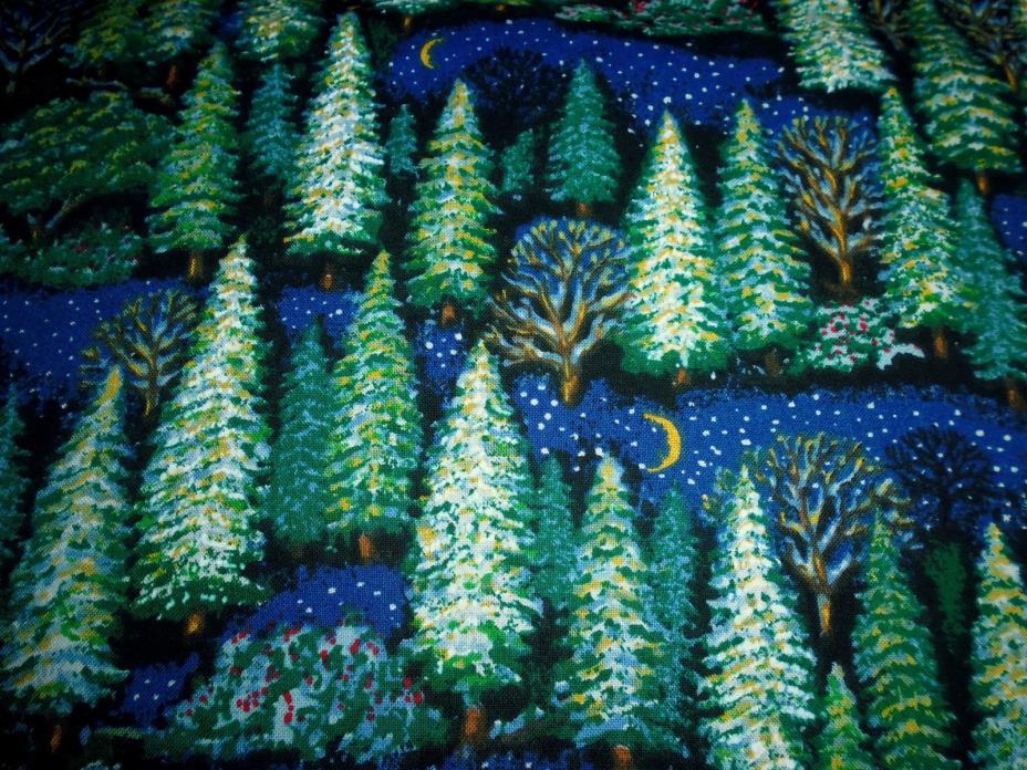 100% Cotton Fabric Trees Allover on Dark Blue Crescent Moon Stars 1 YD Quilt Sew