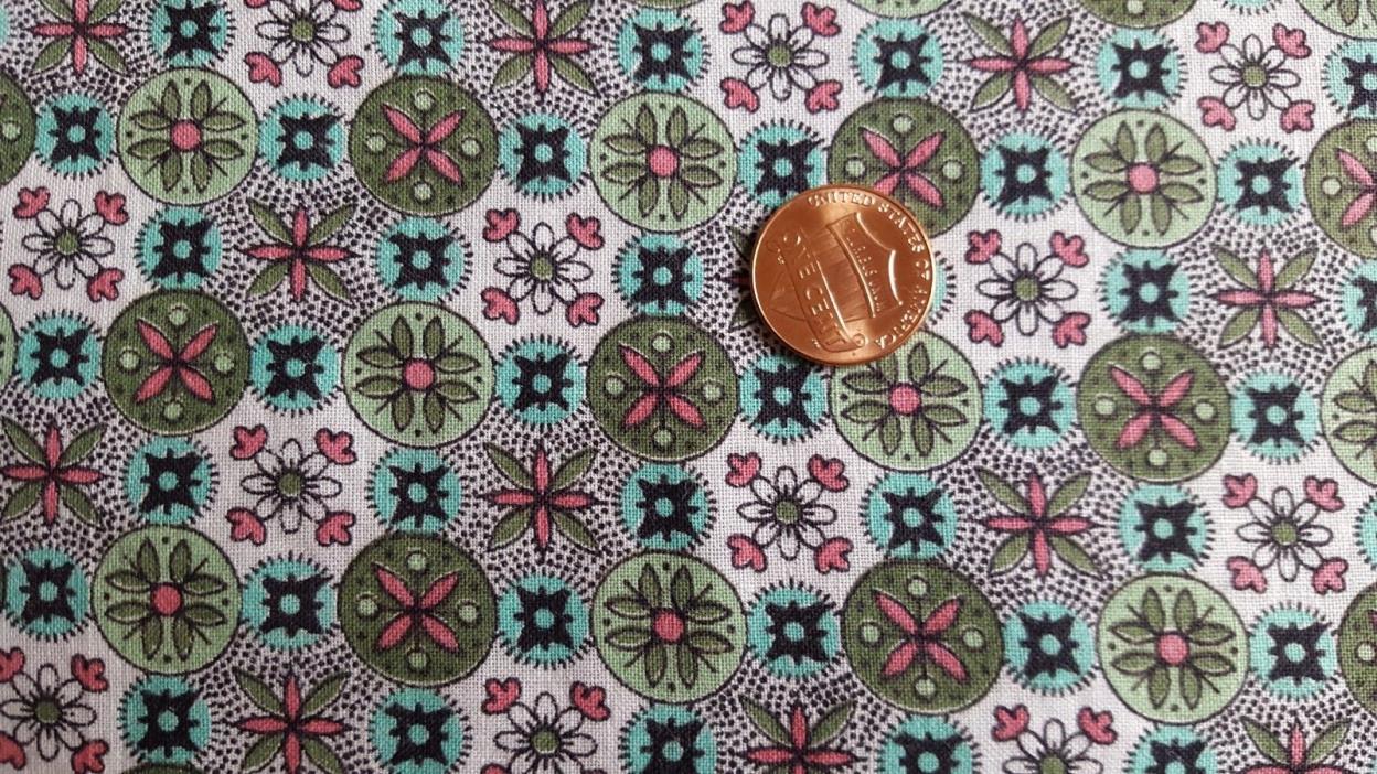 VTG Antique Cotton Fabric 30s Quilt Doll Turquoise Circles Olive Pink Medallions