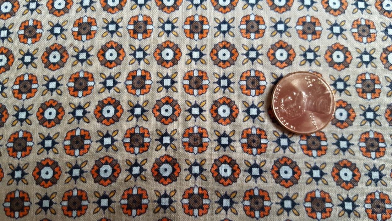 VTG Cotton Fabric 30s Quilt Doll Tan Orange Brown Art Deco Circles Flowers