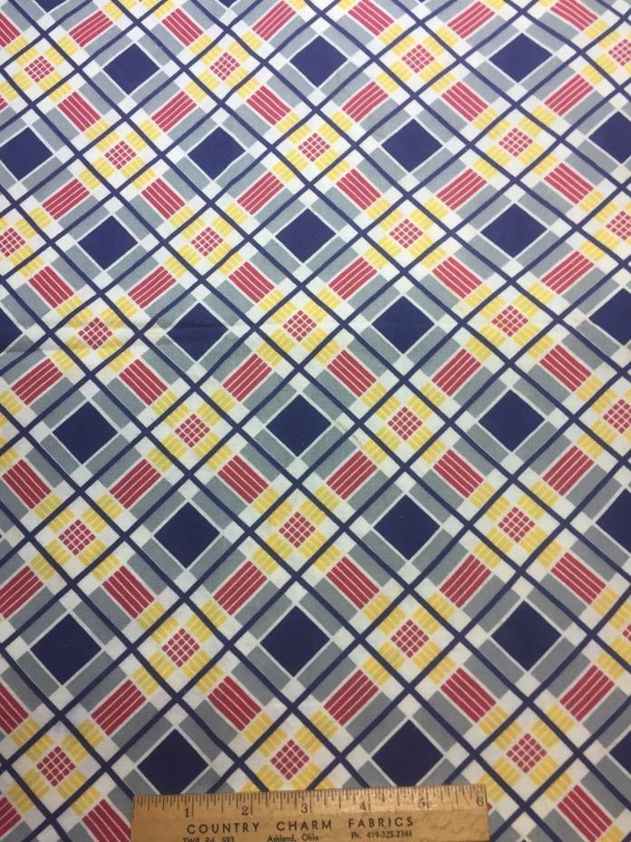 Vintage Cotton Feedsack Fabric 30s40s Red Yellow Dark Blue Plaid EXC