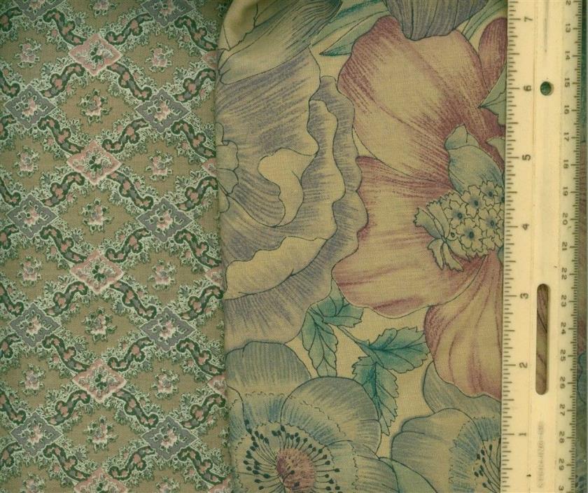 2 1/3 Yds Green Beige, Rose Floral Print Fabrics 2 Prints 44