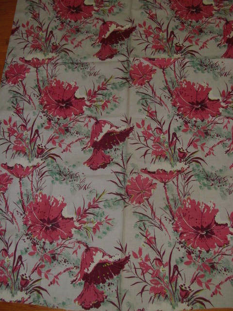 Unused~2+ yards Vintage Mid Century BARKCLOTH Fabric~Bright Tropical Flowers #2
