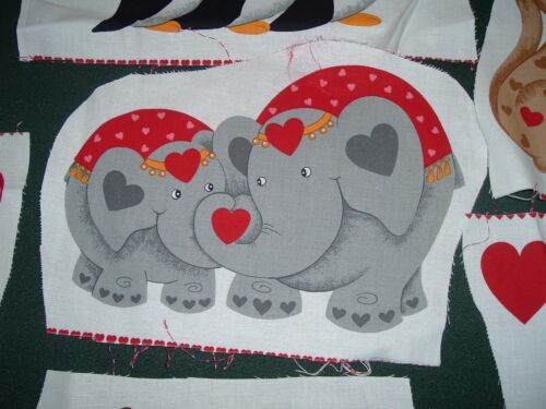 Vtg 90s Valentine Penquin Elephant Puppy Bears Hearts Applique Fabric Panel #wd