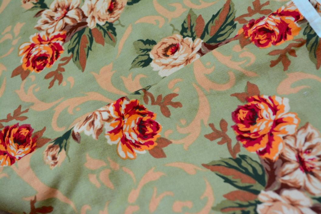 ROSES Fabric Material GREEN Scroll Floral Victorian COTTAGE 94