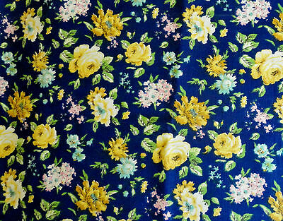 Vintage over 3.5 yards QUAKER LADY Navy Yellow Rose  WAVERLY FABRIC 49 X 127