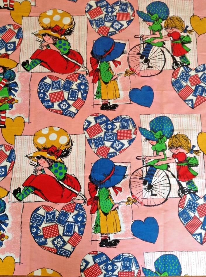 Vtg Holly Hobbie Style Fabric Large Cotton Print Tricycle Novelty Sarah Kay 61