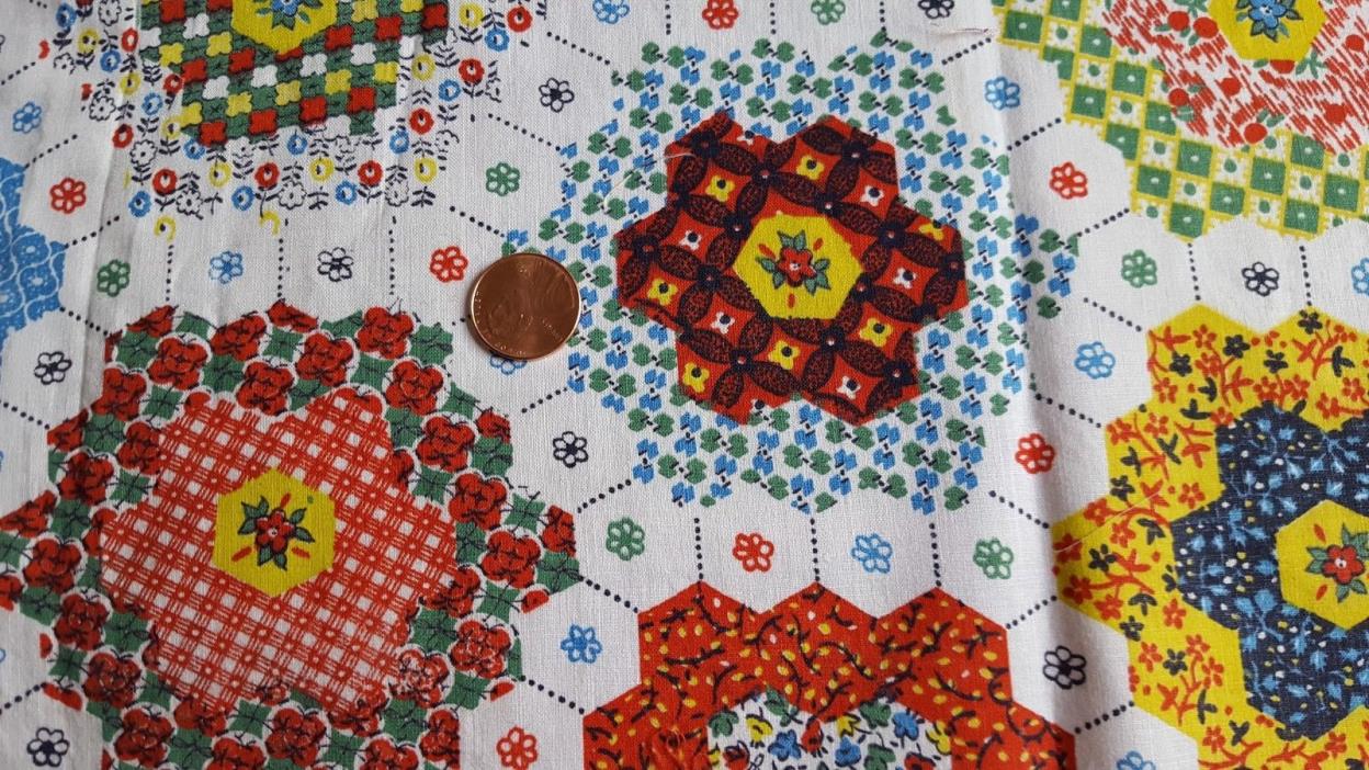 VTG Cotton Fabric 30s Quilt Doll Cheater Quilt Hex Blocks White Flowers Red