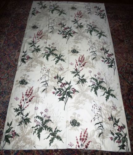 VTG Sylvania Ivory Linen Fabric HandPrint Floral Butterfly Curtain 2 Pcs. 87x50