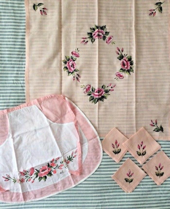 VTG Set Linen Hand Painted Flowers Square Topper Tablecloth Apron Napkins