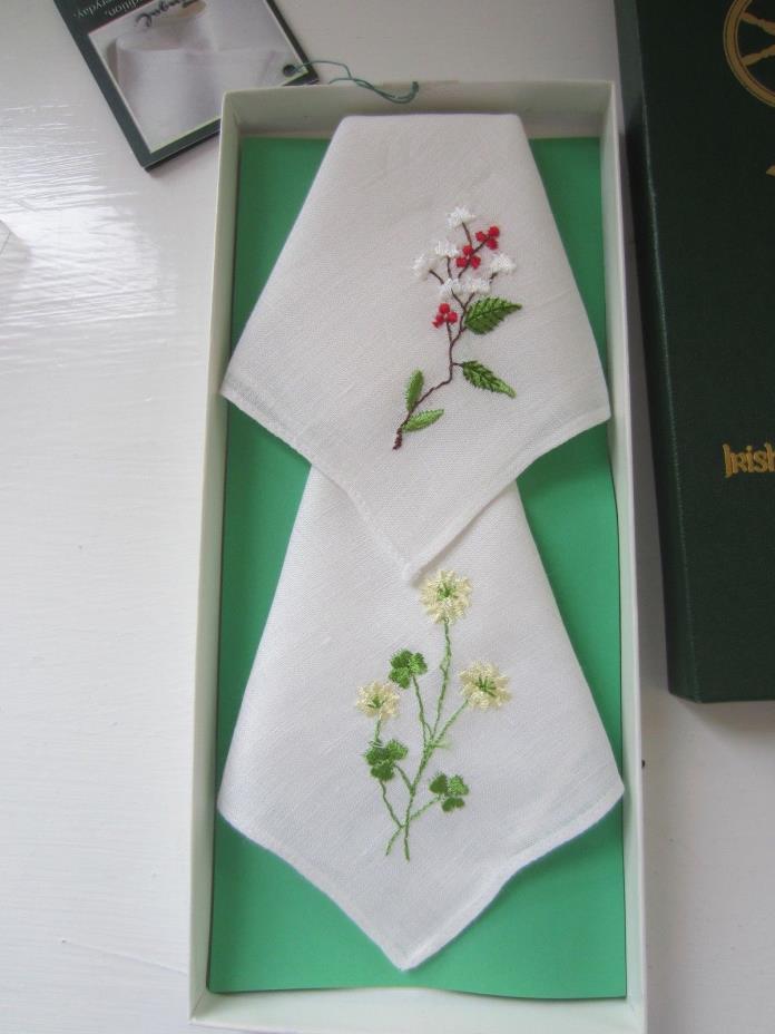 FINGAL IRISH LINEN HANDKERCHIEFS NEW IN BOX - 2 LOVELY FLORAL WASHABLE LINEN