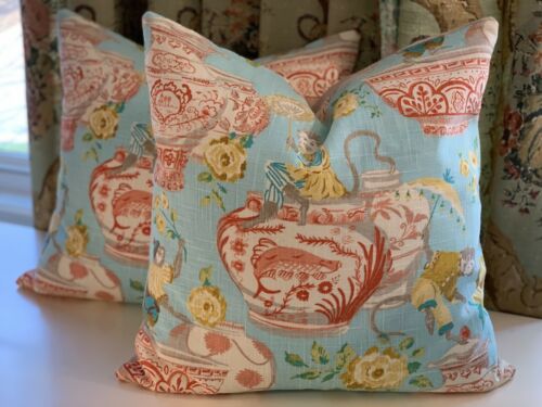 SET OF 2 ‘MONKEY JAR” IN AQUA LINEN PILLOWS