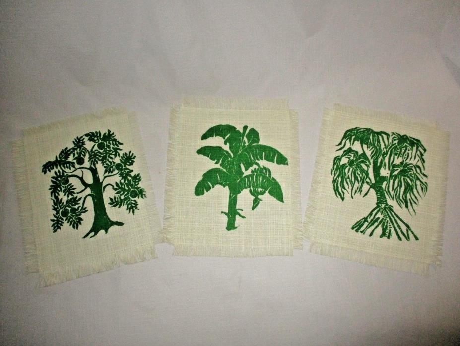 Vtg. Mid-Century (3) Bark Cloth Tropical Trees Polynesian/Hawaiian Prints
