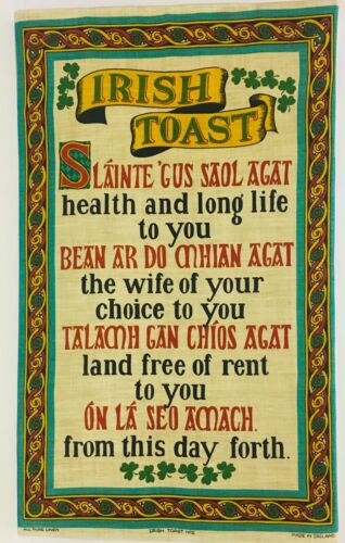 Vintage Irish Toast Linen Fabric Art St Patricks Day Wall Hanging Ireland Print