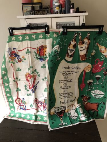 IRISH LINEN Wall Hangings Tea Towels Vtg Lot of 2 IRELAND Irish Coffee