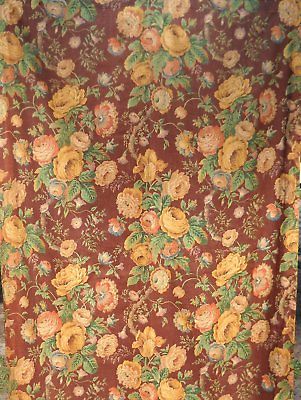 Vintage 40s Brown Cottage Shabby Rose Floral Linen Curtain Fabric 42x54