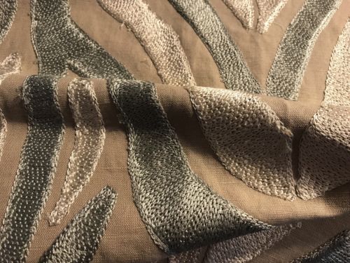 ANIMAL PRINT TAUPE LINEN EMBROIDERY FABRIC REMNANT, 31”X26”