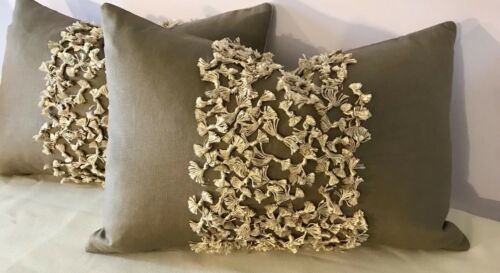 SET OF 2, THREADED EMBROIDERY “BOW” TIES LINEN PILLOWS