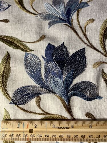 DESIGNER LORE NAVY EMBROIDERED COTTON LINEN REMNANT 20”x54”