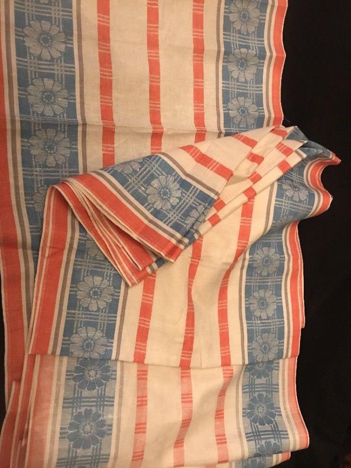 Antique Hemp Linen Damask Floral Blue & Red Striped Toweling Fabric 10 yards +