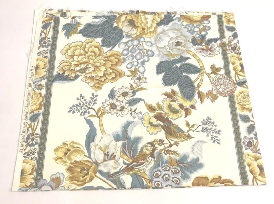 Waverly Vintage Chestertown Floral Birds Blue Gold Striped Fabric 1+ yds x 48