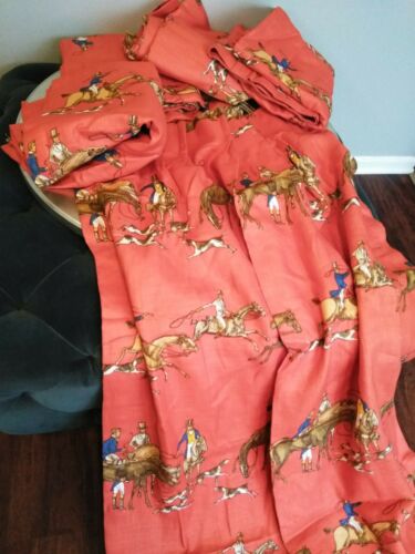 5 Vintage Equestrian Horse Hunting Dogs Derby Curtain Drape Panel Fabric