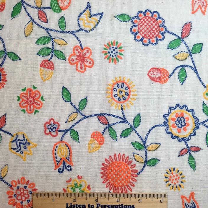 2 Yds Vtg TG&Y HOPSACKING FABRIC Faux Embroidery Flowers Cotton Blend 45