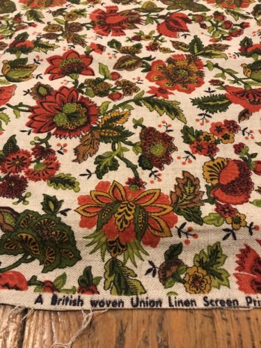 Vintage Mid century Modern Linen Screen Print Fabric Textile Floral