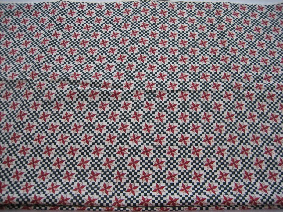 BTY 1 Yard NOS Fabric - Black, Red, Cream Check, Quilt Star Print - 44