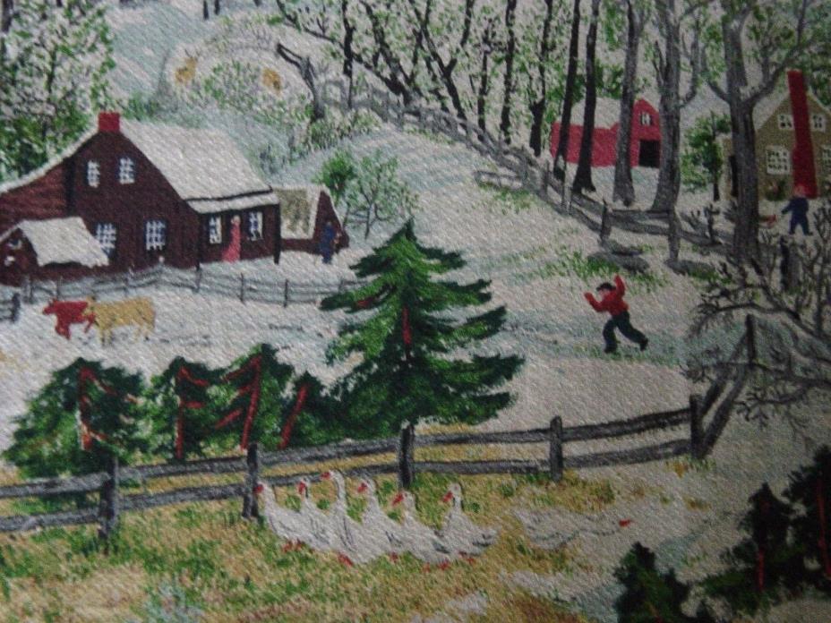 VTG Grandma Moses Fabric FARM BARN SNOW SLEIGH UNUSED 1950s LOOKS LIKE XMAS