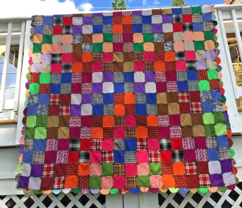 MOD  60'S 70'S  MID CENTURY WILD COLORED  PATCHWORK POLYESTER QUILT 67X82