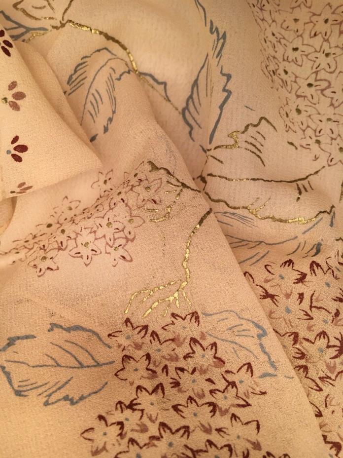 Antique Vintage Silk Scarf / Fabric With Floral Hand Painting - 62