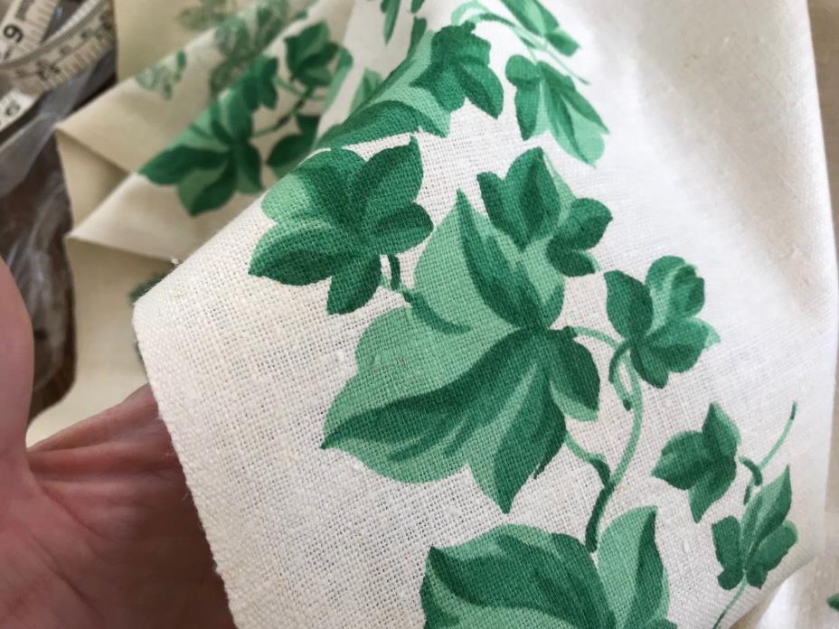 linen vintage dish toweling yardage 3 toned green ivy leaves 17.25