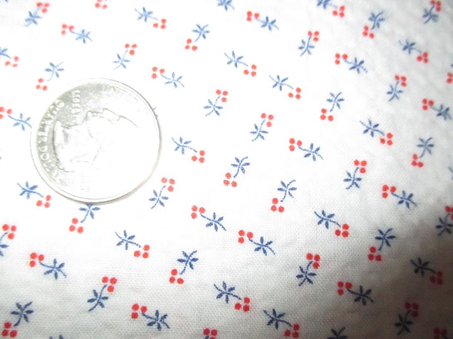 DAINTY Vintage RED CHERRIES On WHITE 1960's Seersucker COTTON Fabric-over 2 yd