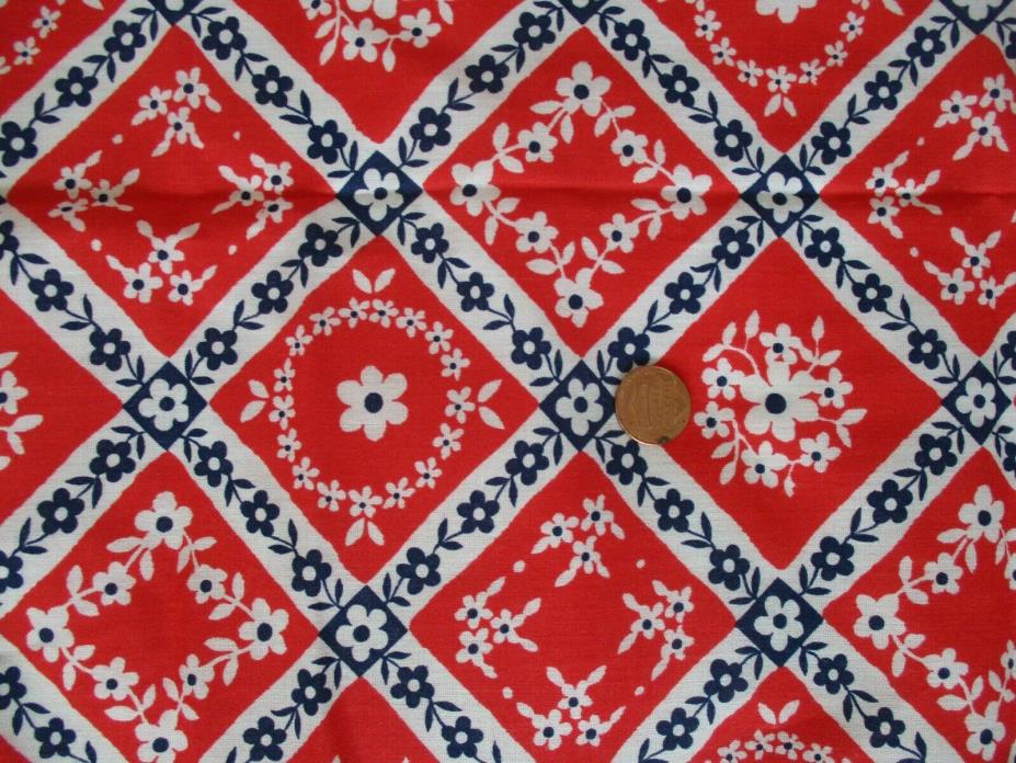 Vintage Red White Blue Americana Patriotic Flowers Cotton Fabric 1y,19