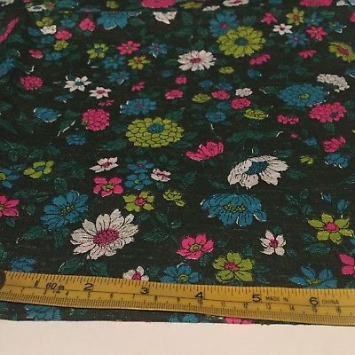 VTG Forest Green Flowers Floral Fabric White Blue Pink 45