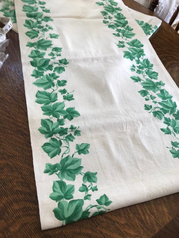 linen vintage dish toweling yardage 3 toned green ivy leaves 17