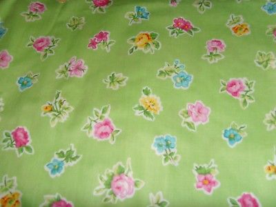 Spring fabric material green with pink roses and blue yellow flowers floral chic