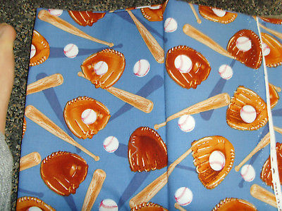 Timeless Treasures blue with baseball bats and mits sports fabric material 42x35