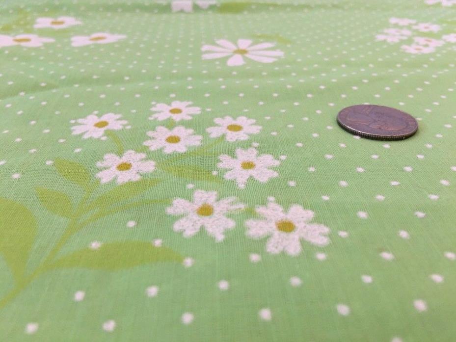 1 Yd Vintage Green Semi Sheer FLOCKED Fabric White Daisy Daisies Dotted Swiss
