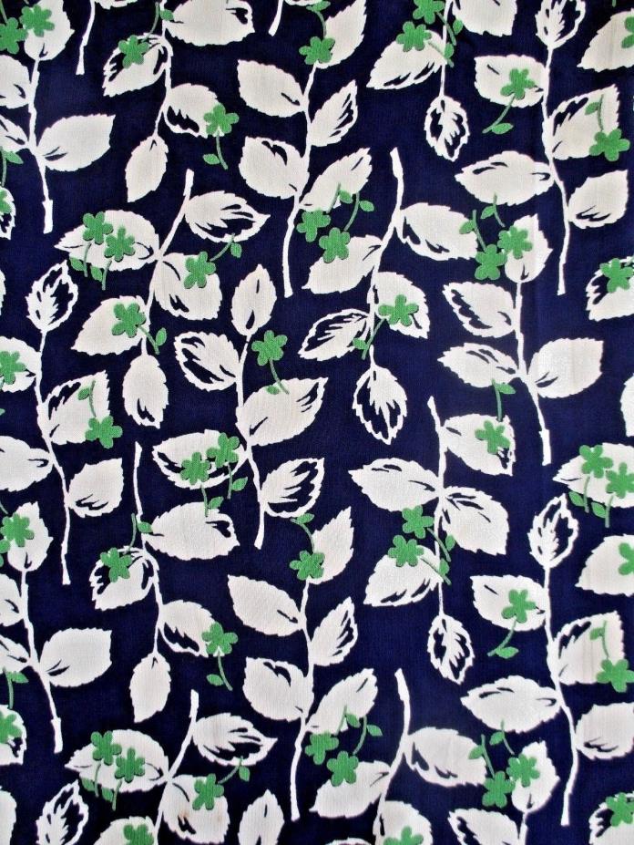 VINTAGE  RAYON SEWING FABRIC REMNANETS NAVY OFF-WHITE GREEN  LEAVES   PRINT