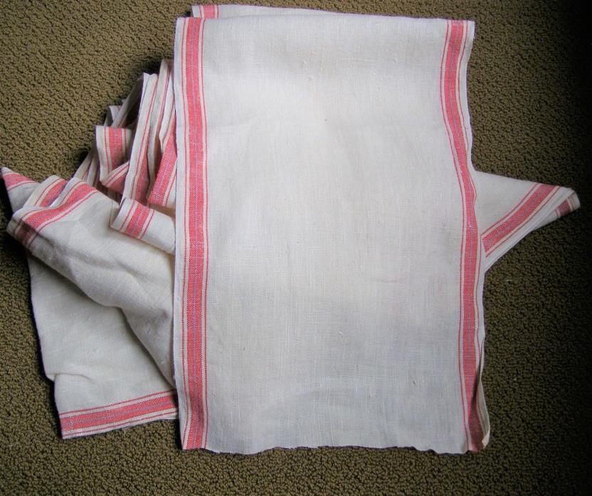 Vintage Flax Linen Kitchen Toweling  9 Yards Uncut White w/ Red and Blue Strips